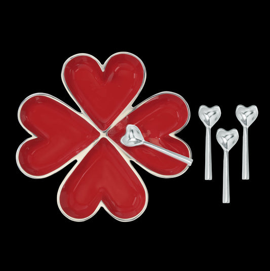 4 Hearts Platter with 4 Heart Spoons - Red
