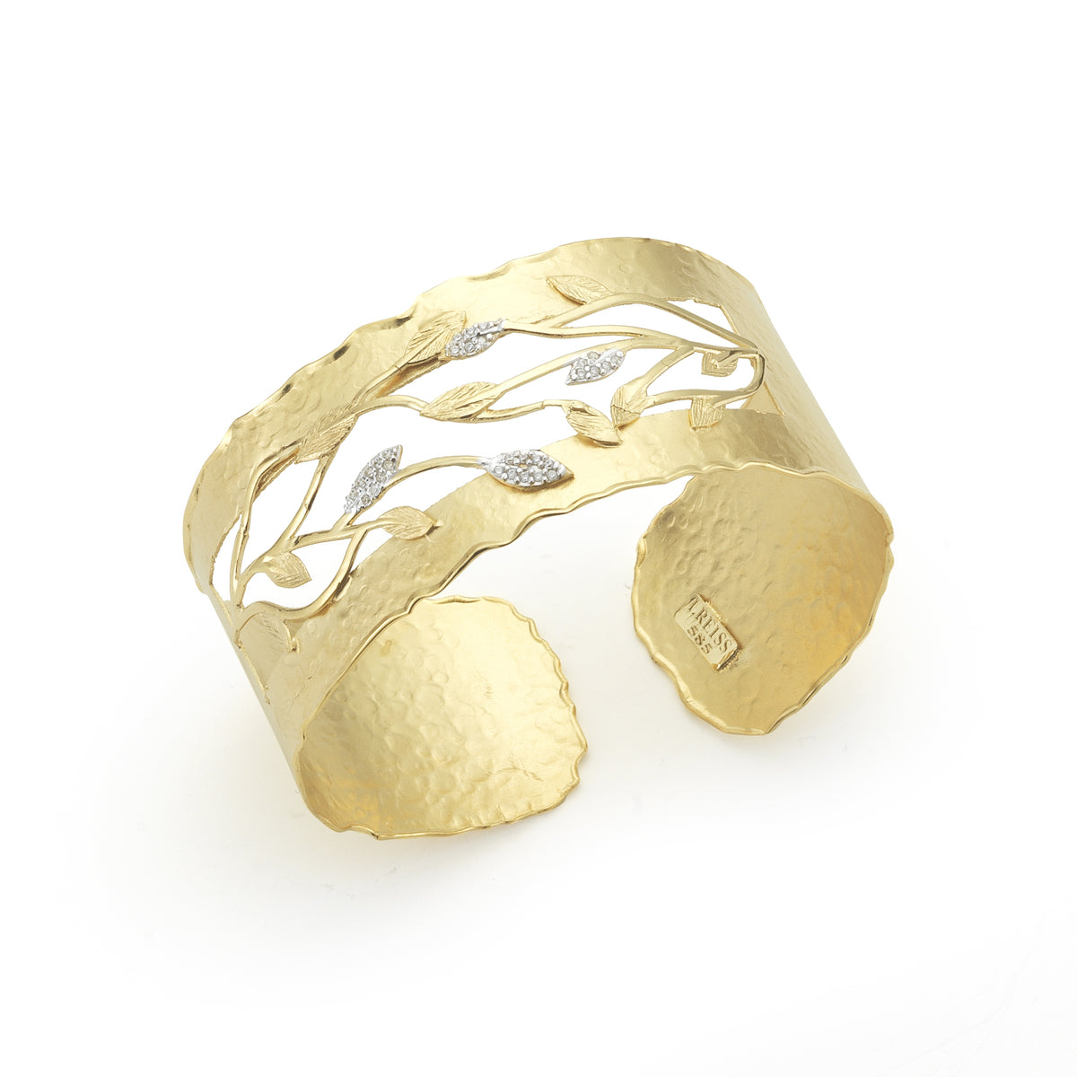 14 Karat Yellow Gold Textured Leaf Cuff Bracelet