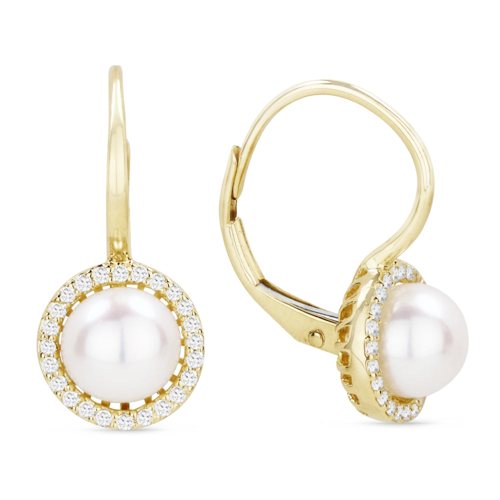 14 Karat Yellow Gold Peal And Diamond Earrings
