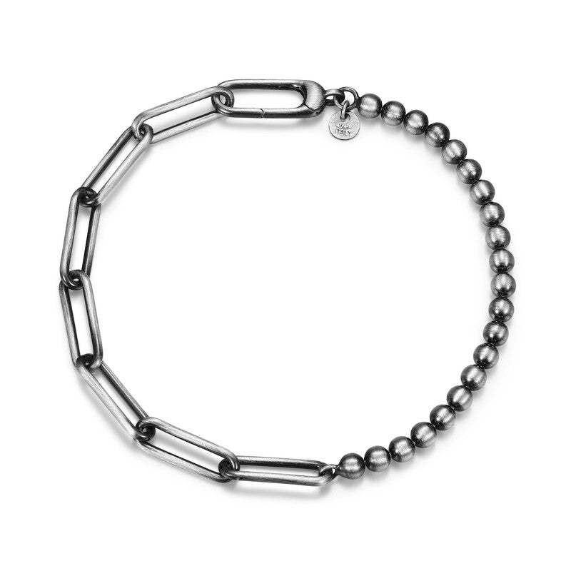 Italian Chain Brushed Gunmetal Half Paper Clip/Half Bead Bracelet - 8.5"