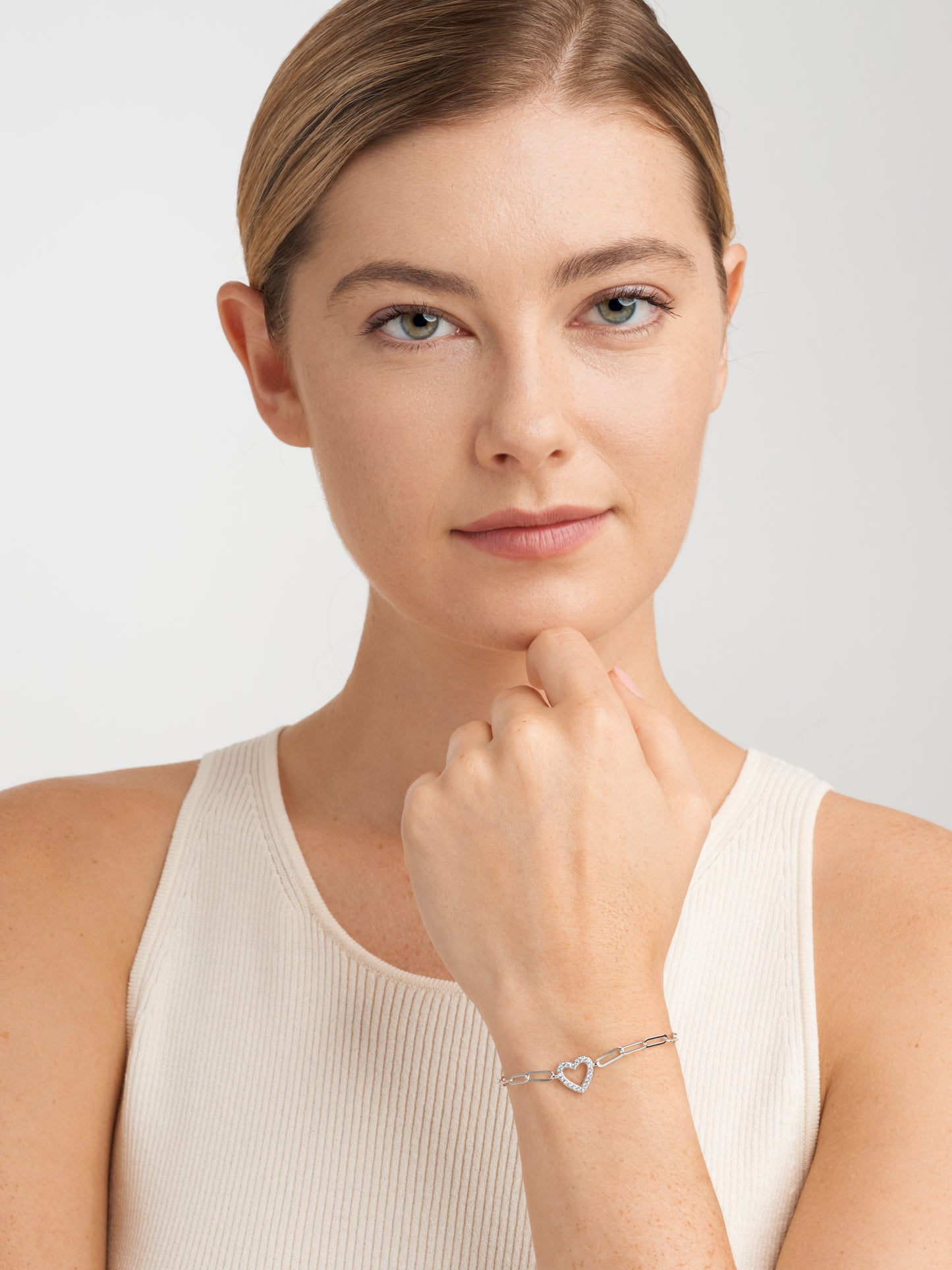 Sterling Silver Paper Clip Open Pave Heart Bracelet