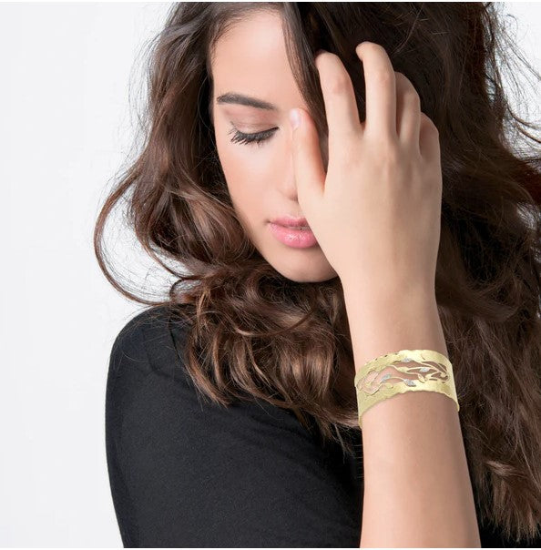 14 Karat Yellow Gold Textured Leaf Cuff Bracelet