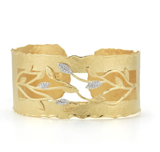 14 Karat Yellow Gold Textured Leaf Cuff Bracelet