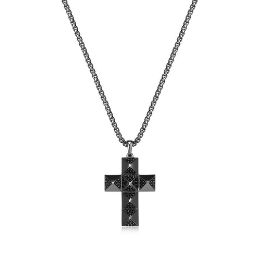 Black Ice Gunmetal Sterling Silver and Black Sapphire Cross Necklace