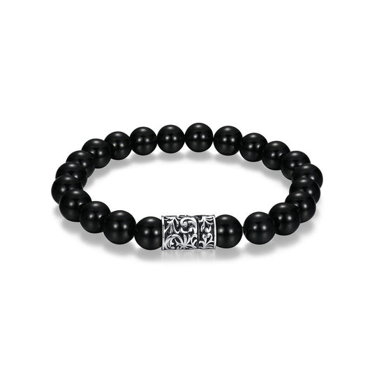 Rhodium Plated Sterling Silver and Black Agate Bracelet