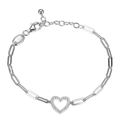 Sterling Silver Paper Clip Open Pave Heart Bracelet