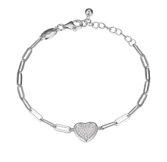 Sterling Silver Paperclip Bracelet with Pave Heart